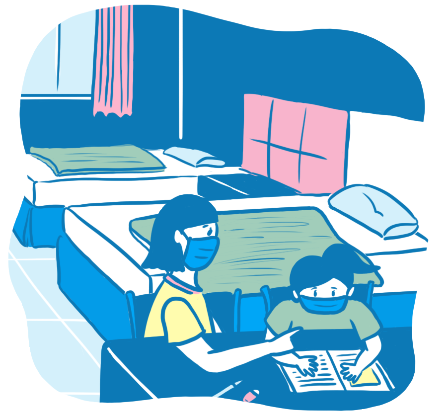 Renee與媽媽一同住進檢疫所,在隔離這段日子裡,Renee仍專心準備朗讀比賽、期中考。(插畫/黃禹禛)