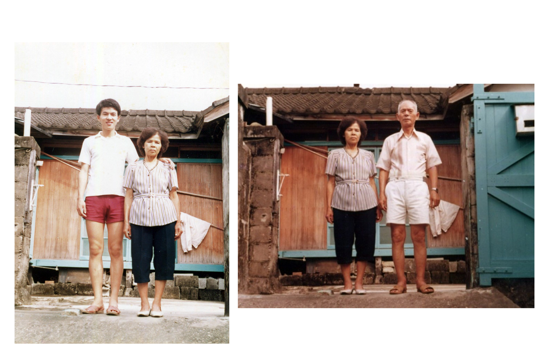 司徒惠康的父親漂洋過海來台，與母親一起在花蓮美崙山腳下的宿舍裡，將五個孩子一寸寸地拉拔長大。圖為1985年司徒惠康與父母在花蓮老家前留下合影。（照片提供／司徒惠康）