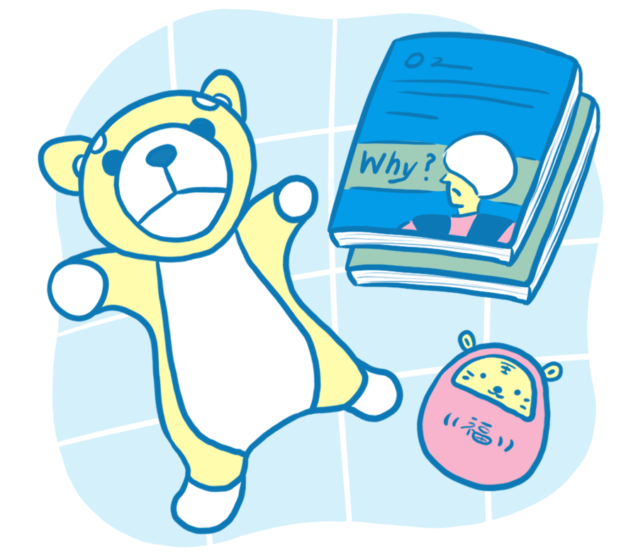 Renne帶了柴犬娃娃、老虎不倒翁一起去到檢疫所,媽媽也為她準備了歷史漫畫。(插畫/黃禹禛)