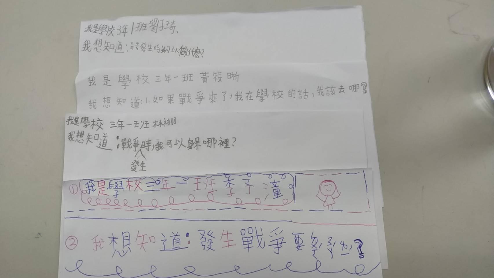 看見俄羅斯與烏克蘭正在打仗後，台灣的學生也試想，若戰爭發生在台灣，自己該如何應對。（圖片提供／苗栗縣六合國小）