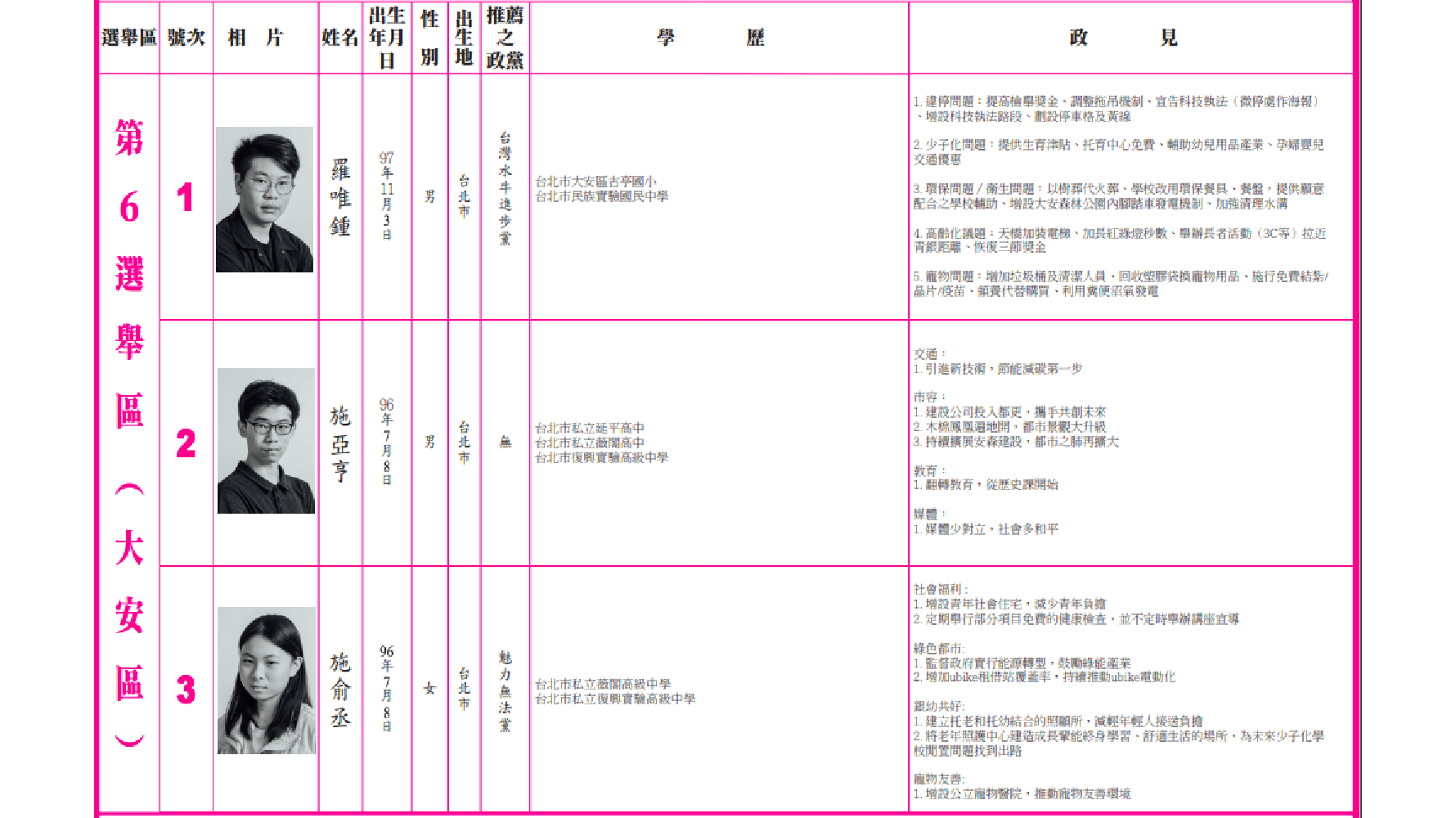 3位候選人與其競選團隊共同發想政見，議題涵蓋廣泛，包含交通、社福、高齡化社會政策等。（圖片來源／截圖自「立委，換你當——選舉與新聞的民主實習課」模擬立委選舉公報）