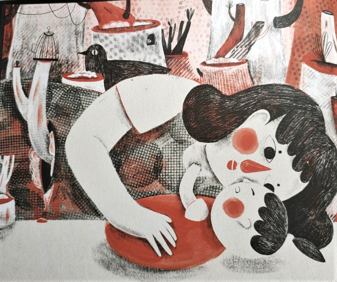 媽媽的肚子被掏開,臍帶的血液流出她的束縛。《母親記事》,作者、繪者為林廉恩,尖端出版。(圖片提供/黃惠鈴)