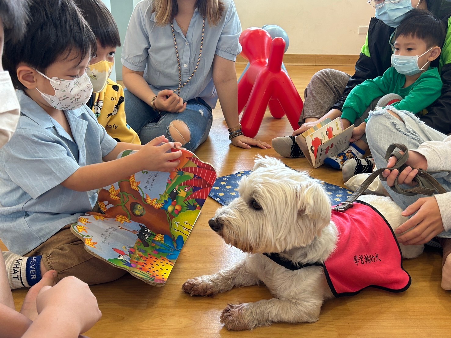 學習輔助犬平時會去圖書館及老人服務據點，陪伴對象遍及幼兒與長者。（圖片提供／屏東大學學習輔助犬教室）