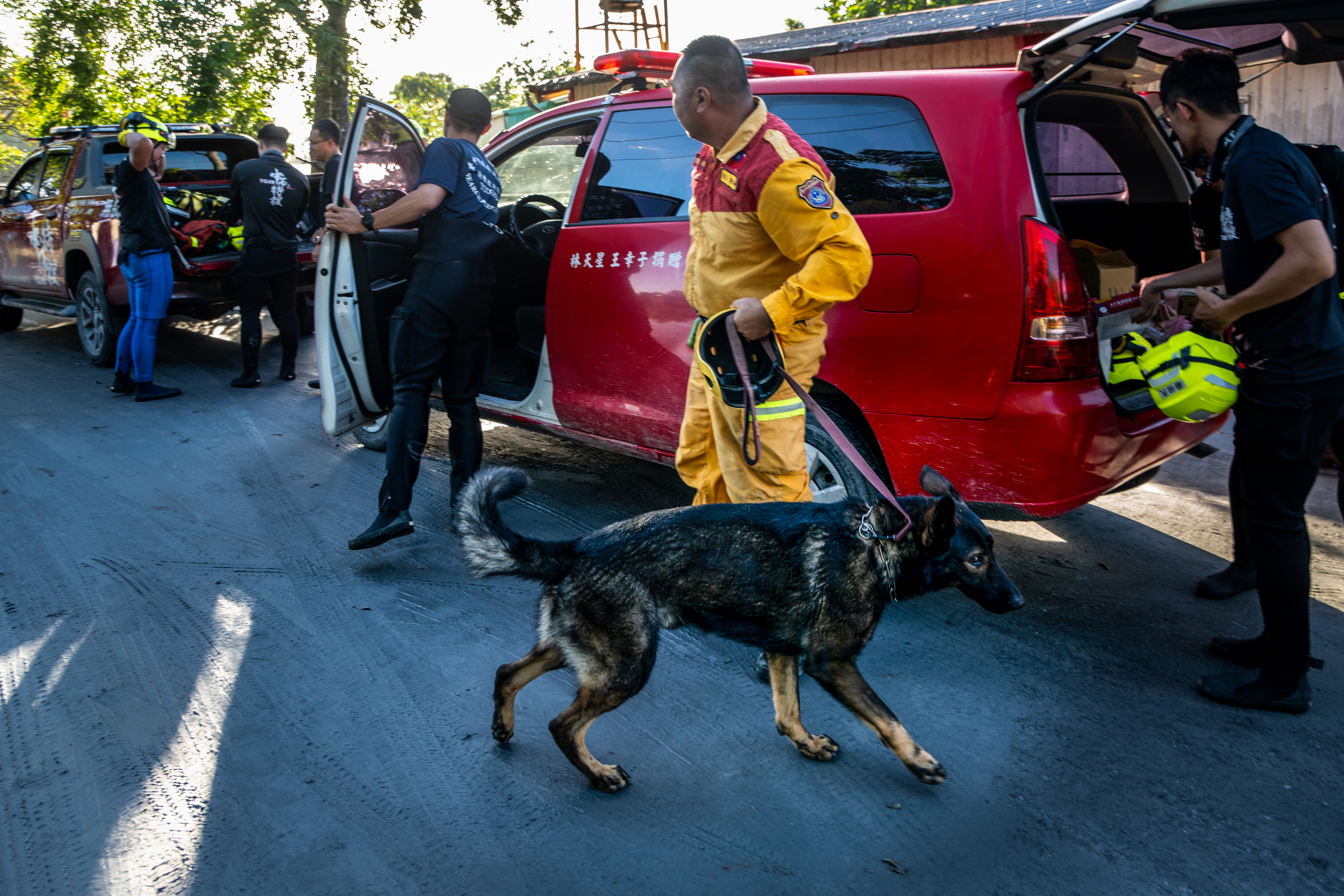 馬太鞍溪堰塞湖發生溢流潰壩後，搜救犬準備挺進重災區佛祖街找尋失聯人口。（攝影／謝佩穎）