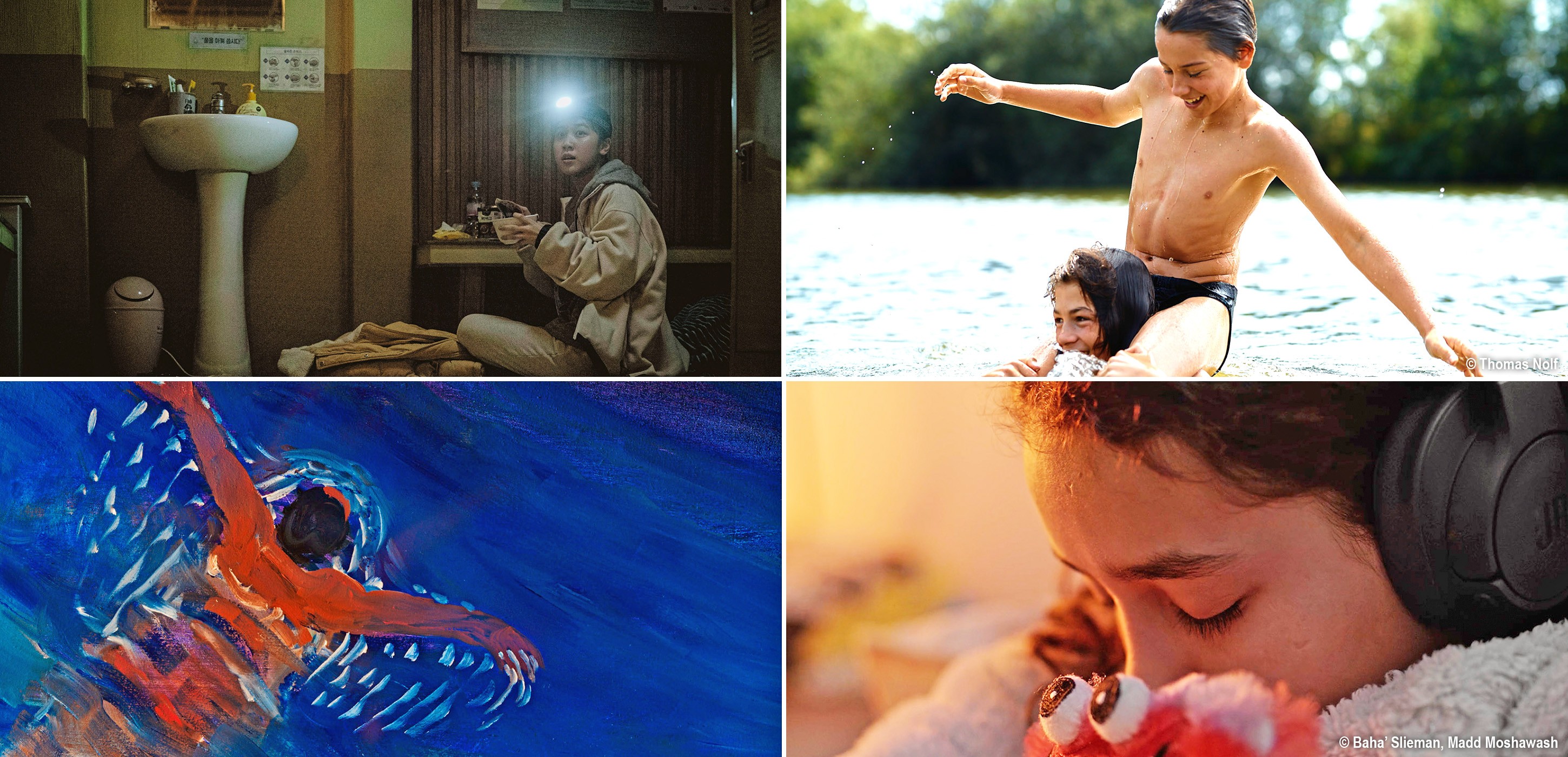 Kplus部分參展影片劇照,由左上順時針依序為《沒事,沒事,沒事!》(괜찮아 괜찮아 괜찮아!)、《年輕的心》(Young Hearts)、《放大》(Sukoun) 、 《蝴蝶》(Papillon)。(圖片提供/Berlinale2024)