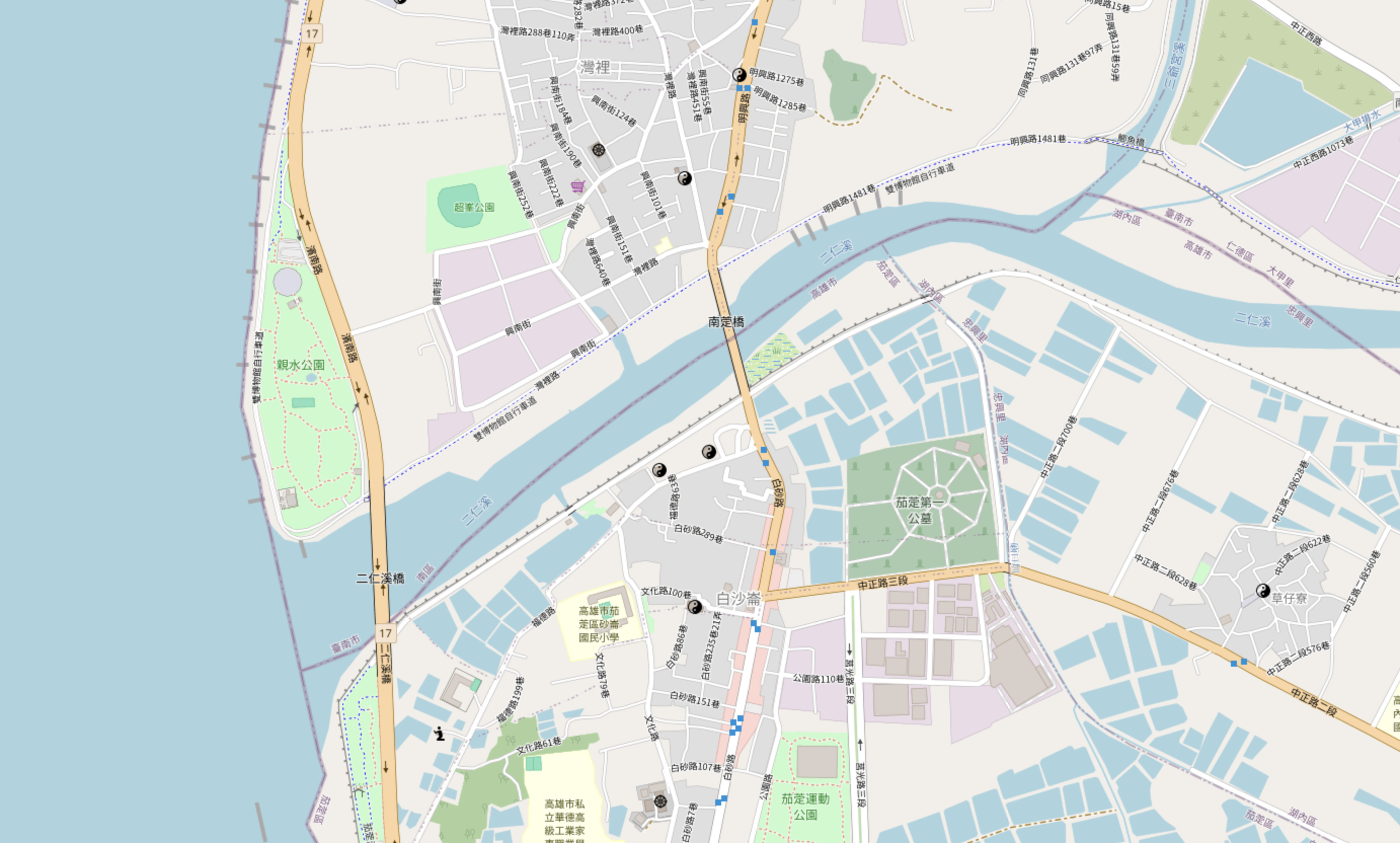 二仁溪出海口的右岸即為台南灣裡，左岸則為高雄茄萣。（圖片來源／開放街圖社群）